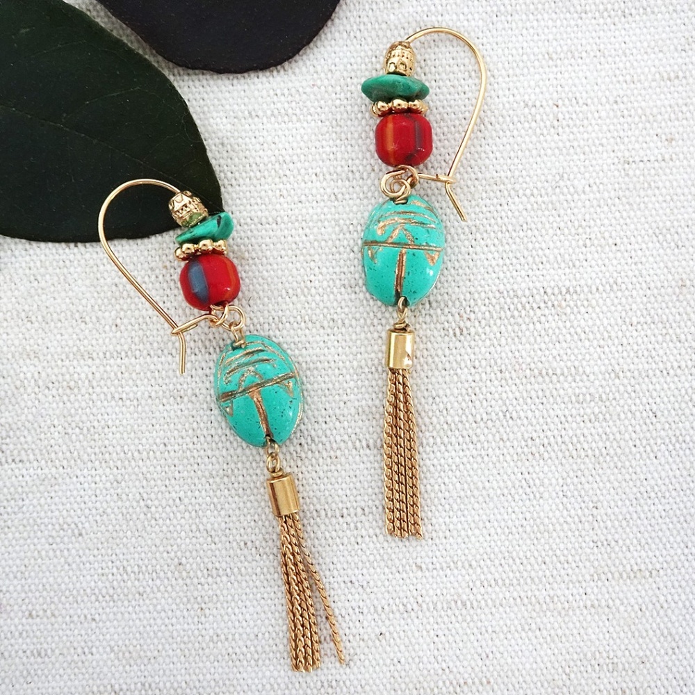 long dangle earrings, turquoise stone, gold tassels, NWT